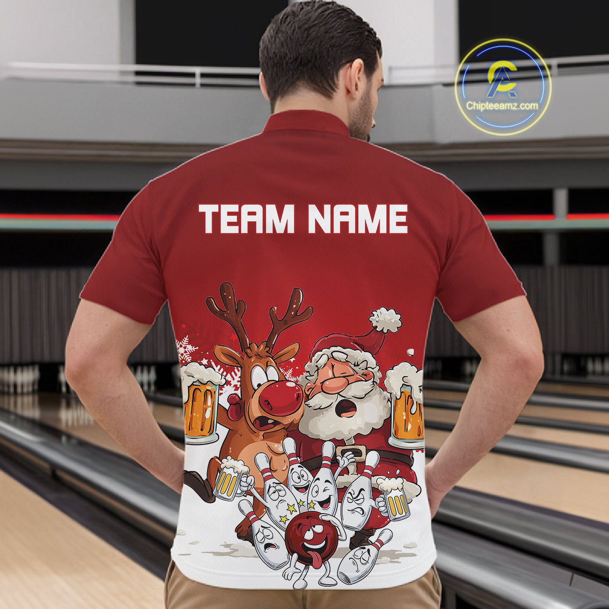 Custom Red Funny Christmas Men Bowling Shirts, Bowling And Beer Xmas Party Shirt IPHW10204