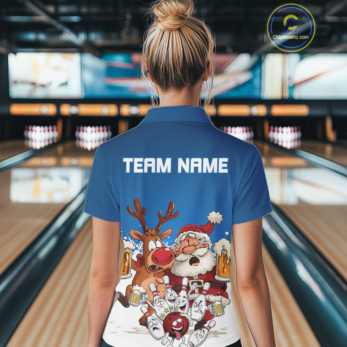 Custom Blue Funny Christmas Women Bowling Shirts, Bowling And Beer Xmas Party Shirt IPHW10205