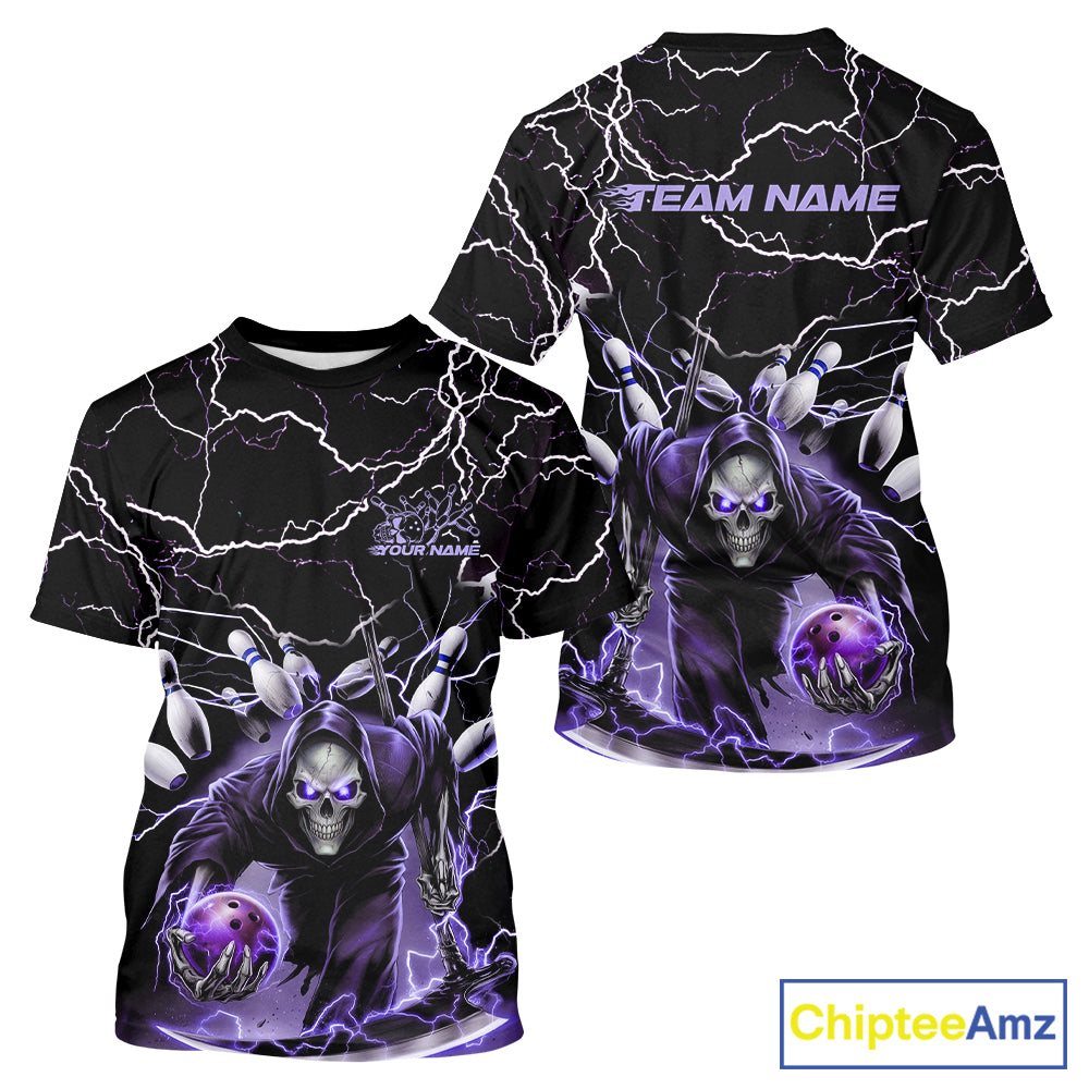 Front and back views of a black short-sleeve t-shirt featuring a purple and white graphic of a hooded skull character with lightning bolts, holding a glowing purple orb. The front has placeholder text 'YOUR NAME' and 'TEAM NAME', and the back has 'TEAM NAME' at the shoulders.