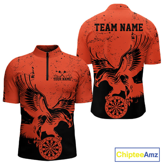Custom Grunge Orange Eagle Dart Team Men Quarter-Zip Shirts, Vintage Dart Uniform Players Outfit IPHW9966