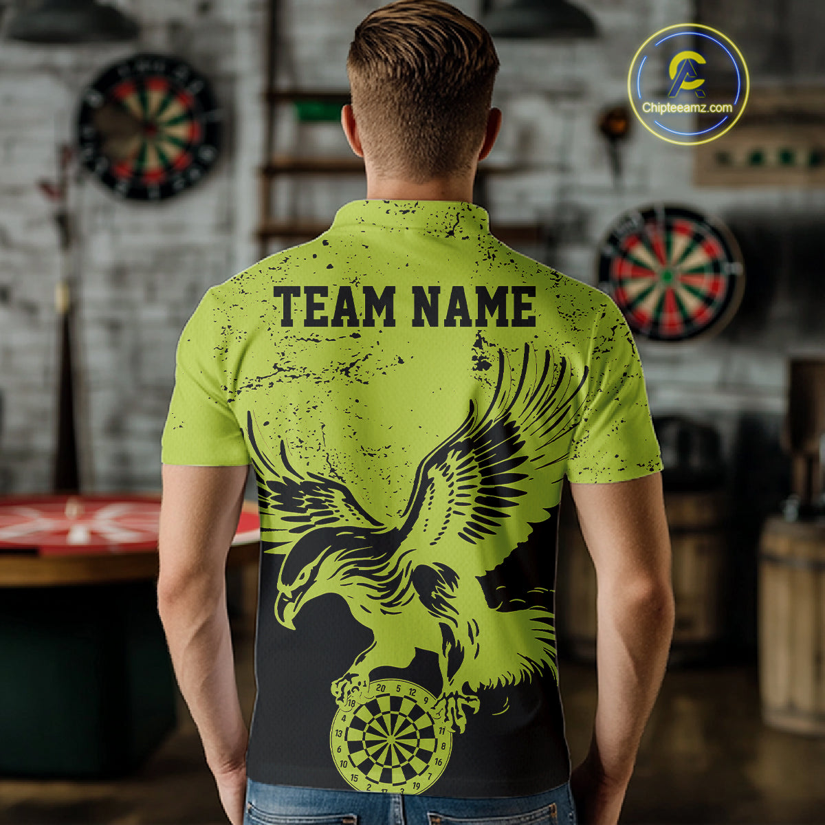 Custom Grunge Green Eagle Dart Team Men Polo Shirts, Vintage Dart Uniform Players Outfit IPHW9967