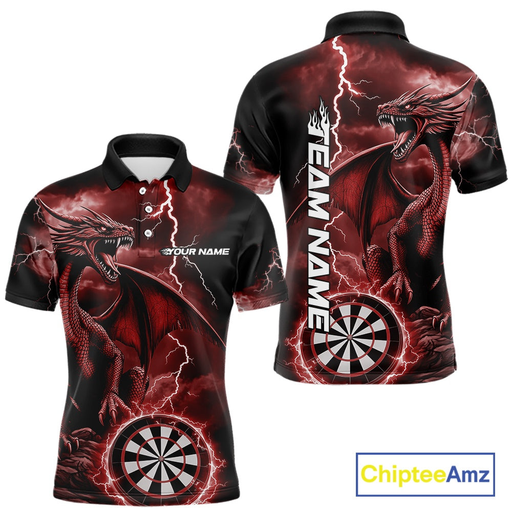 Custom Red Lightning Dragon Darts Men Polo Shirts, Dragon Darts Team Jersey IPHW10386