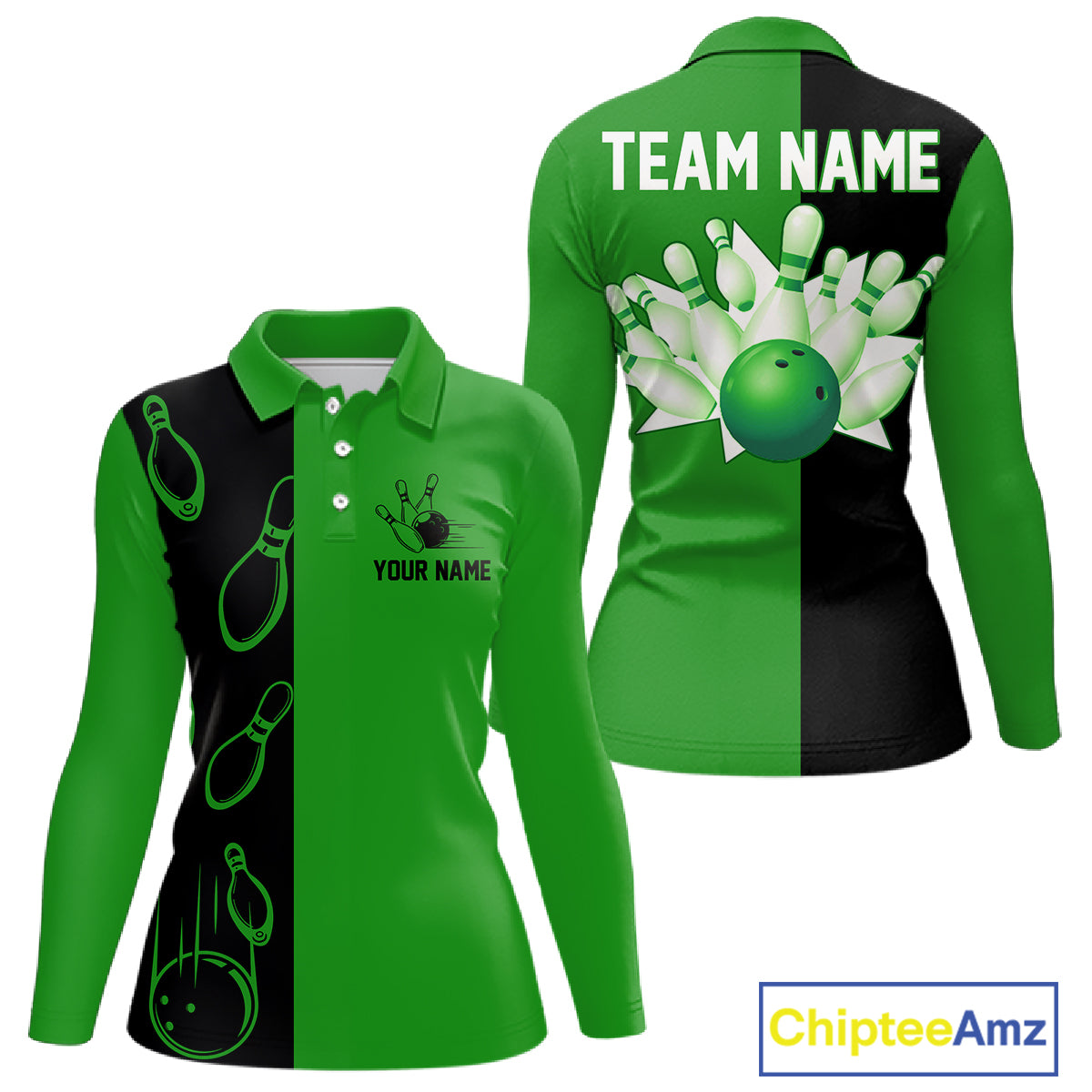 Green and Black retro vintage Bowling polo, quarter zip shirts for Women custom Bowling team jerseys NQS11564