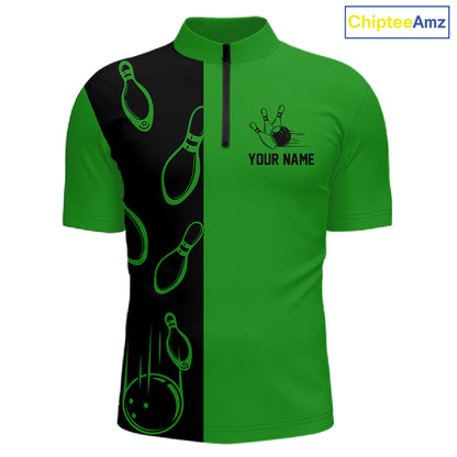 Green and Black retro vintage Bowling polo, quarter zip shirts for men custom Bowling team jerseys NQS11564