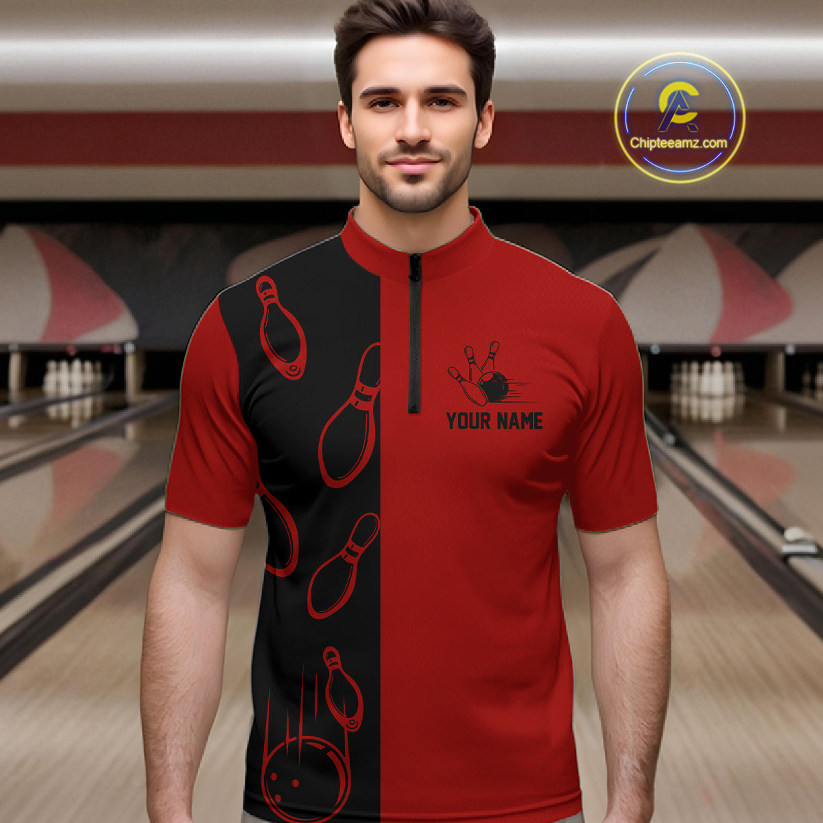 Red and Black retro vintage Bowling polo, quarter zip shirts for men custom Bowling team jerseys NQS11565