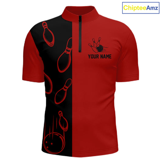 Red and Black retro vintage Bowling polo, quarter zip shirts for men custom Bowling team jerseys NQS11565