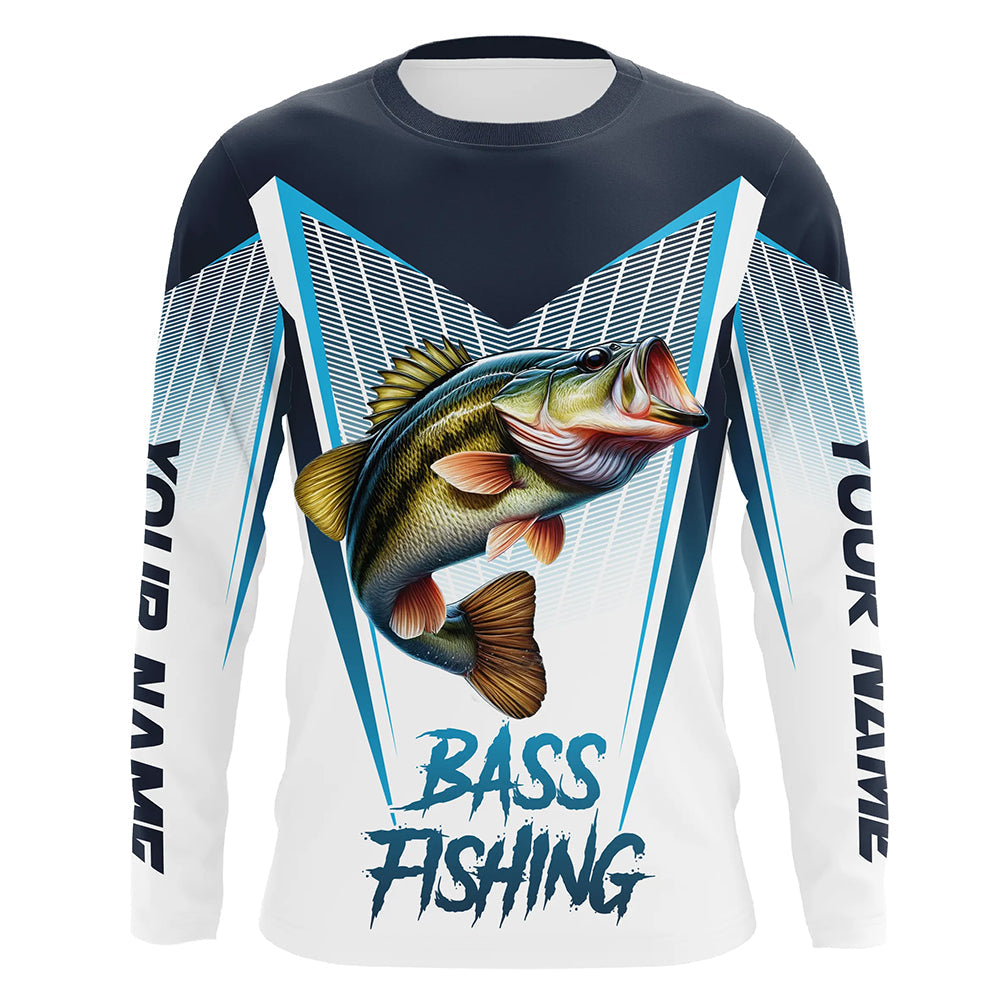 Personalized Largemouth Bass fishing Tournament Long Sleeve Fishing Shirts, Bass Fishing Jersey | Blue NQS9224