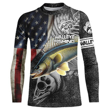 Load image into Gallery viewer, Walleye Fishing American Flag patriotic Custom Name UV protection long sleeve fishing shirts NQS1389
