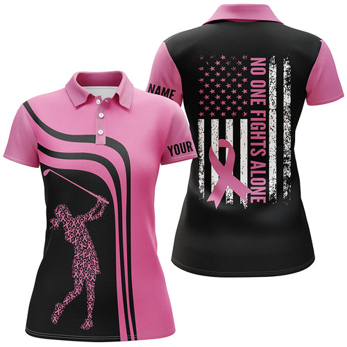 Pink Womens golf polo shirts custom no one fights alone American flag breast cancer awareness NQS6104