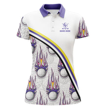 Load image into Gallery viewer, Golf balls purple flame pattern Womens golf polo shirts custom golf apparel for ladies | White NQS6106