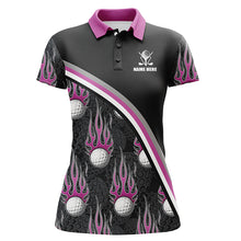 Load image into Gallery viewer, Golf balls pink flame pattern Womens golf polo shirts custom golf apparel for ladies | Black NQS6107