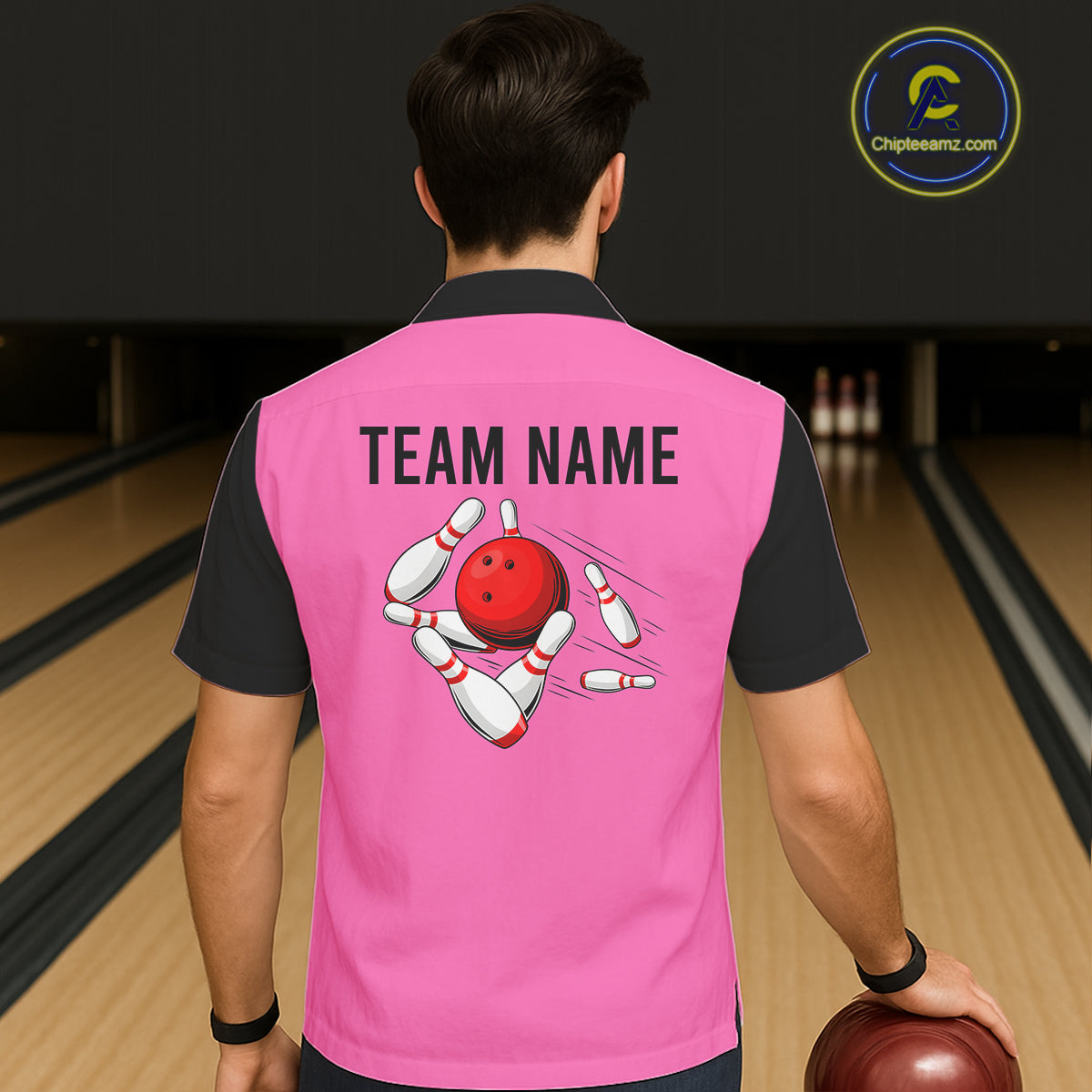 Personalized Pink Black Retro Bowling hawaiian shirts Custom vintage Team button up shirts NQS6568