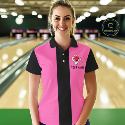 Personalized Pink Black Retro Bowling Polo shirt For women custom vintage bowling team jerseys NQS6568