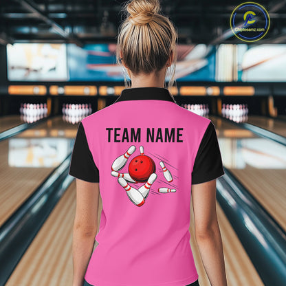 Personalized Pink Black Retro Bowling Quarter Zip shirt For women custom vintage bowling team jerseys NQS6568