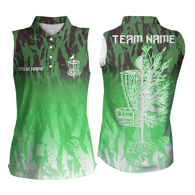 Disc golf basket green camo Womens sleeveless polo shirt custom name disc golf team shirts for women NQS6127