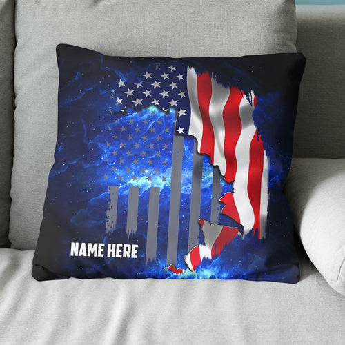 Personalized American flag blue galaxy custom name Canvas, Linen Throw Pillow, Fishing Lodges Decor NQS7036