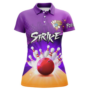 Women's Bowling polo Shirt Custom bowling ball and pins strike purple team ladies Bowlers Jerseys NQS5948