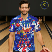 Load image into Gallery viewer, Personalized blue Christmas pattern Bowling Santa hawaiian shirts Custom team button up shirts NQS6617