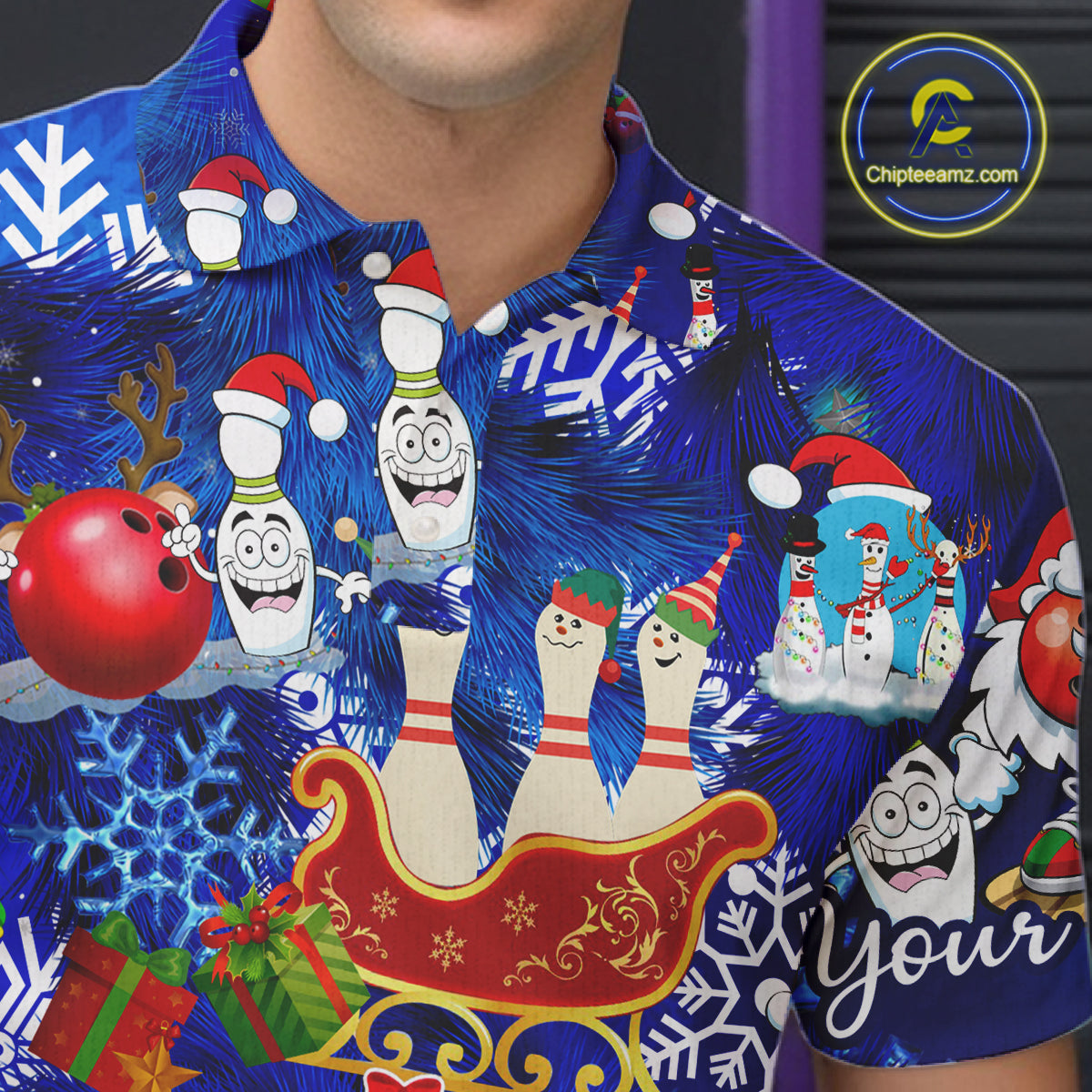 Mens Bowling Polo Shirts Custom blue Christmas pattern Bowling Santa ball pins team Mens Jersey NQS6617