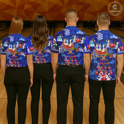 Womens Bowling Polo Shirts Custom blue Christmas pattern Bowling Santa ball pins team Ladies Jersey NQS6617