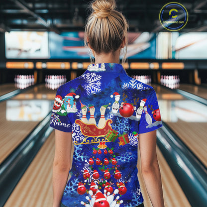 Womens Bowling Polo Shirts Custom blue Christmas pattern Bowling Santa ball pins team Ladies Jersey NQS6617