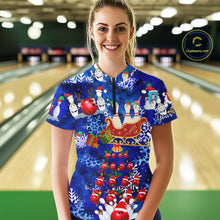 Load image into Gallery viewer, Womens Bowling Quarter-Zip Shirts Custom Christmas Bowling Santa pins blue pattern team Ladies Jersey NQS6617