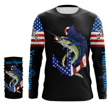 Load image into Gallery viewer, Sailfish fishing legend American flag 4th July Customize Name UV protection long sleeve fishing shirts NQS5524