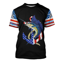 Load image into Gallery viewer, Sailfish fishing legend American flag 4th July Customize Name UV protection long sleeve fishing shirts NQS5524