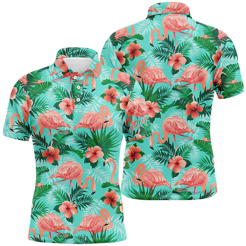 Personalized green tropical pink flamingo pattern custom mens golf polo shirts, mens golf wears NQS5995