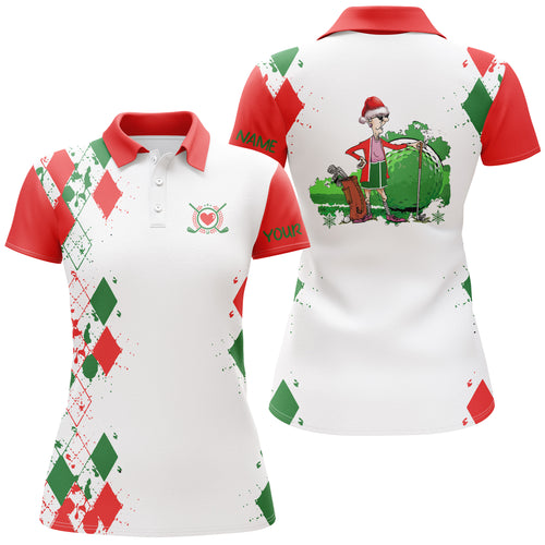 Funny Christmas argyle pattern white Womens golf polo shirt custom Christmas golf gifts for grandma,  NQS4149