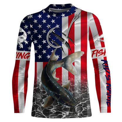 American Flag Catfish Fish hook Custom long sleeve performance Fishing Shirts, Catfish Fishing jerseys NQS5535