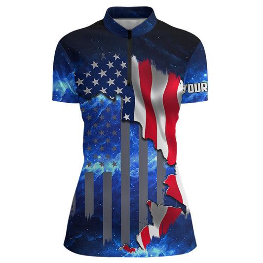 American Flag Universe patriotic Custom name Women Polo, Quarter Zip shirts - personalized gift NQS496