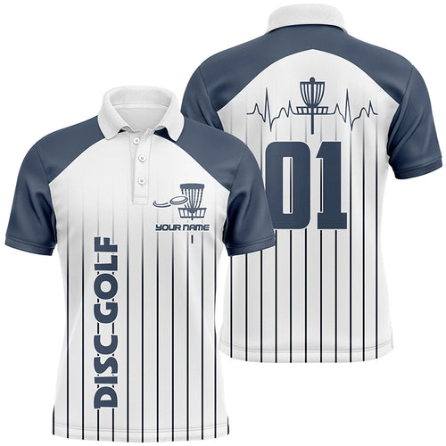 Blue white Mens disc golf polo shirt custom name, number disc golf heartbeat jersey, disco golf outfit NQS6206