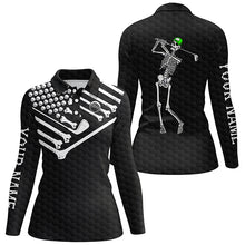 Load image into Gallery viewer, Womens golf polo shirt Skeleton American flag custom black white Halloween shirt NQS3969