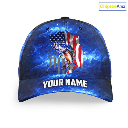 Bass Fishing American Flag patriotic blue galaxy Custom fishing hat  Unisex Fishing Baseball Angler hat NQS1715