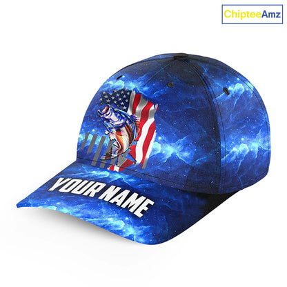 Bass Fishing American Flag patriotic blue galaxy Custom fishing hat  Unisex Fishing Baseball Angler hat NQS1715