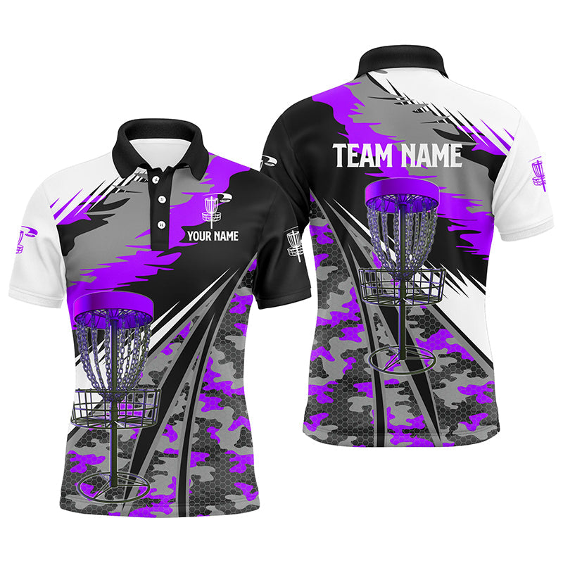 Mens disc golf polo shirt custom purple camo disc golf basket disc golf outfit, team disc golf apparel NQS7348