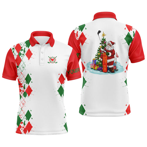 Funny Christmas Men golf polo shirts red and green argyle pattern custom Santa golfing gifts NQS4420