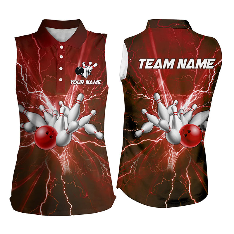 Women bowling sleeveless polo shirts Custom red lightning thunder Bowling Team Jerseys NQS7394