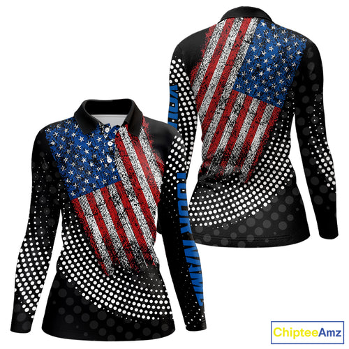 Personalized golf polo shirts for Women Vintage American Flag Custom patriotic golf tops for ladies NQS9835
