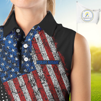 Personalized golf sleeveless polo shirts Vintage American Flag Custom patriotic golf tops for ladies NQS9835