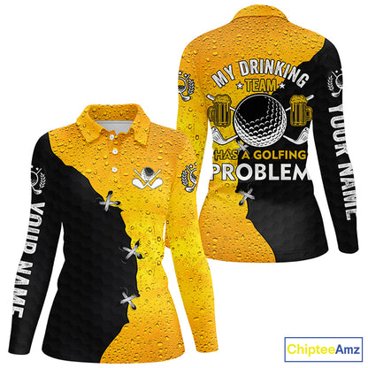 Womens golf polo shirt custom My drinking team has a golfing problem, beer pattern black golf shirts NQS7764