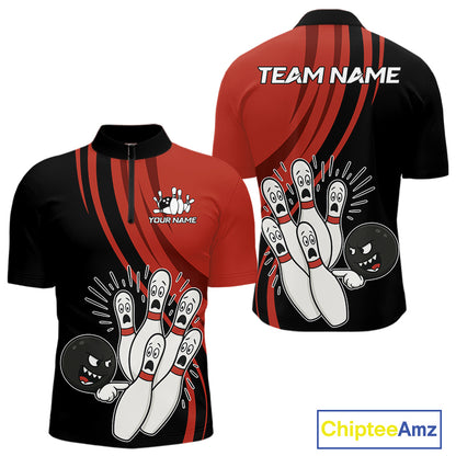 Funny Bowling ball and pins Black and Red Bowling Team Shirts For Men Custom Retro Bowling Jerseys NQS10225