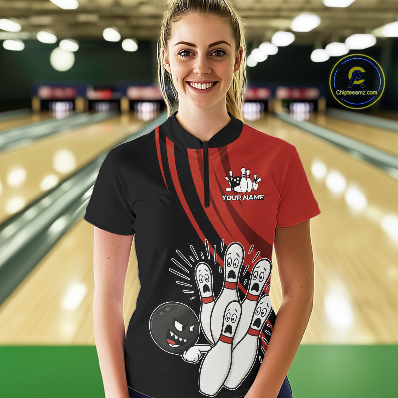 Funny Bowling ball and pins Black and Red Bowling Team Shirts For Women Custom Retro Bowling Jerseys NQS10225