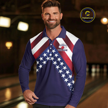 Red, White & Blue American Flag Mens Bowling Polo, 1/4 Zip Shirt Custom Patriotic Team Bowling Jersey NQS10226
