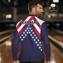 Load image into Gallery viewer, Red, White &amp; Blue American Flag Mens Bowling Polo, 1/4 Zip Shirt Custom Patriotic Team Bowling Jersey NQS10226