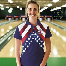 Load image into Gallery viewer, Red, White &amp; Blue American Flag Women Bowling Shirts Custom Patriotic Team Bowling Jersey NQS10226