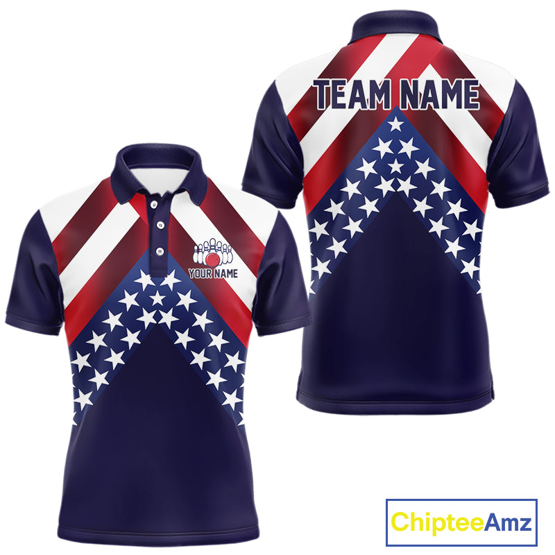 Red, White & Blue American Flag Mens Bowling Polo, 1/4 Zip Shirt Custom Patriotic Team Bowling Jersey NQS10226
