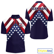 Load image into Gallery viewer, Red, White &amp; Blue American Flag Mens Bowling Polo, 1/4 Zip Shirt Custom Patriotic Team Bowling Jersey NQS10226
