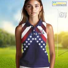 Load image into Gallery viewer, Red, White and Blue American Flag sleeveless golf polo shirts Custom Patriotic ladies golf outfit NQS10227